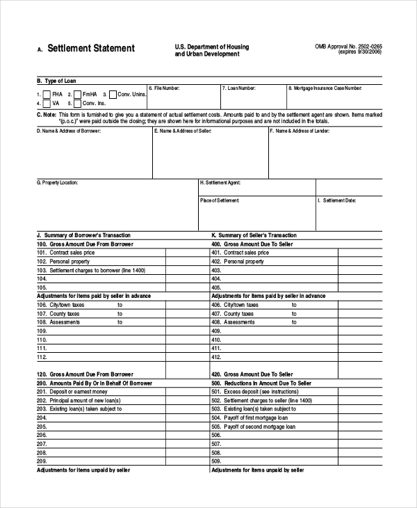 real estate settlement statement example