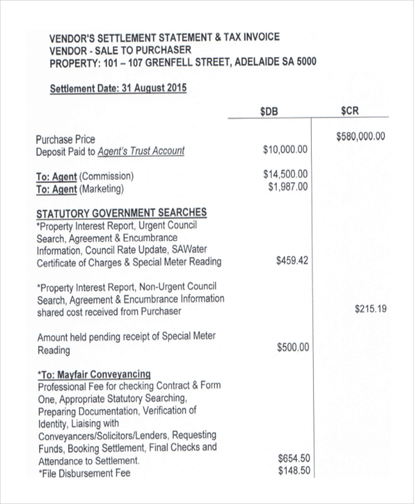 vendor settlement statement example