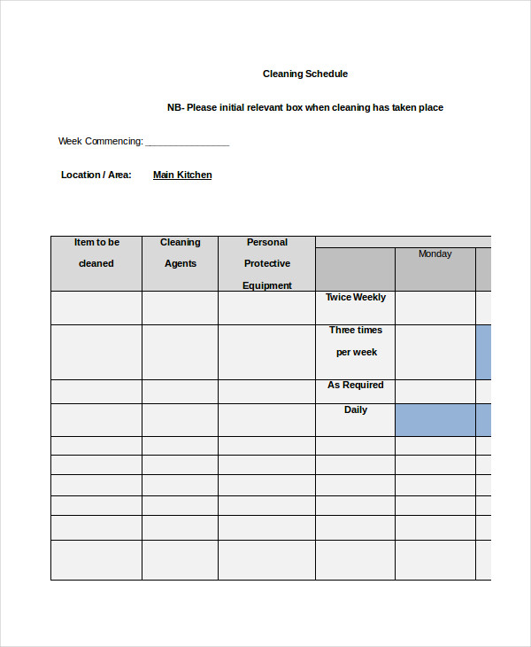 weekly cleaning roster template