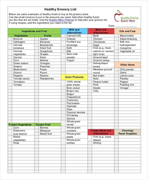 healthy grocery list printable