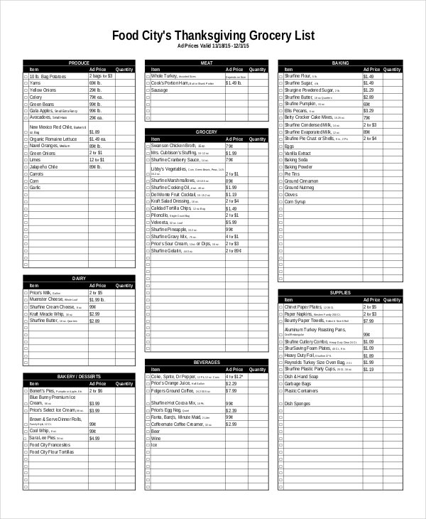 thanksgiving grocery list template