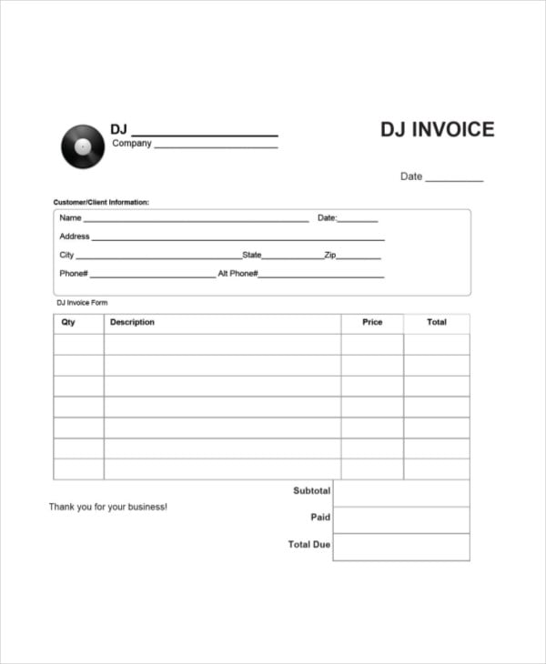 dj service invoice template