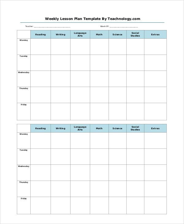 printable weekly lesson plan template