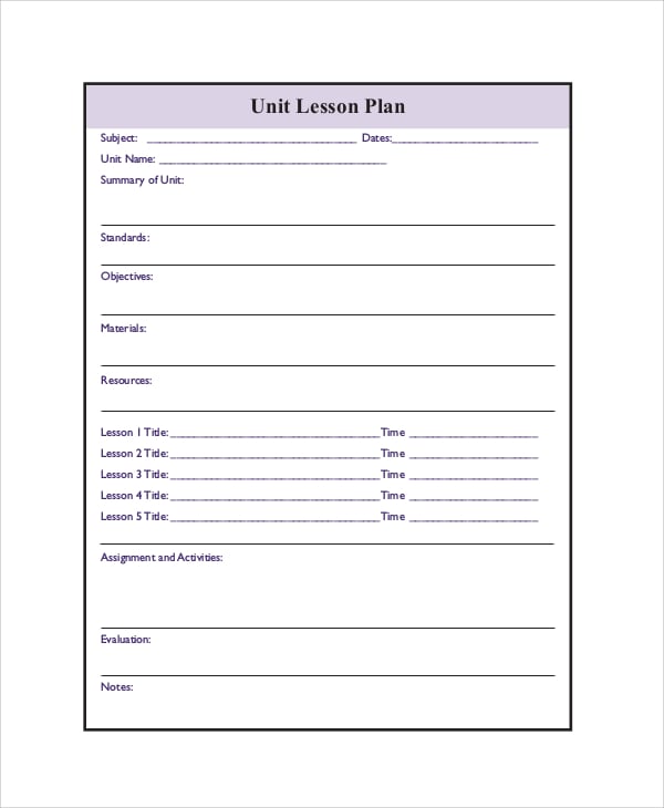 printable unit lesson plan template blank