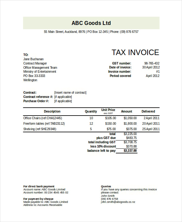 company goods moving invoice template