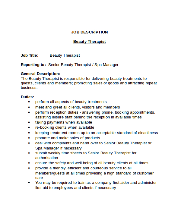 beauty therapist job description template