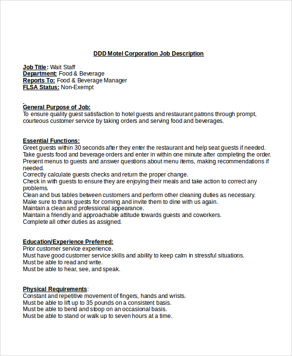 restaurant job description template word doc