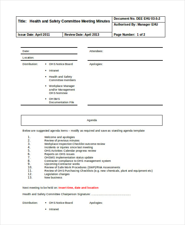health and safety committee meeting agenda template