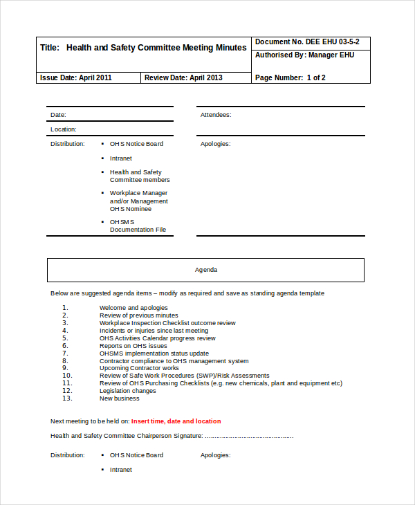 health and safety committee meeting agenda template