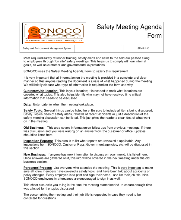 safety meeting agenda template