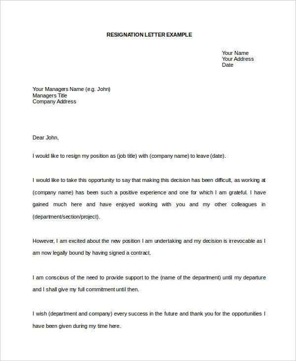 formal resignation letter template word