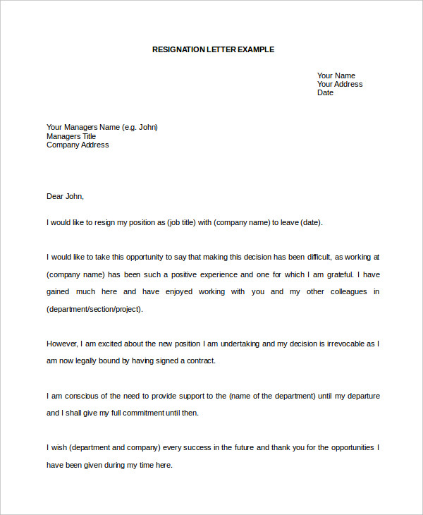 Blank Resignation Form - Sample Resignation Letter