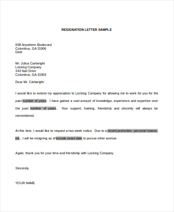 Resignation Letter Sample Word Doc