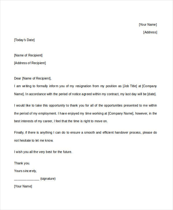 job contract resignation letter