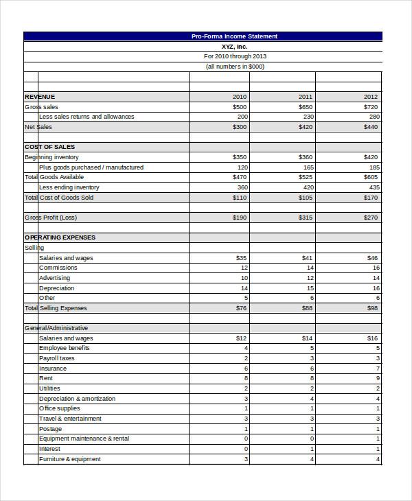 pro forma income statement template excel