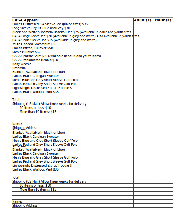 apparel order form template excel