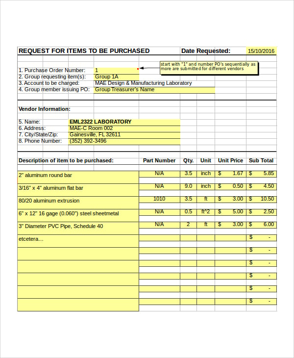 purchase order form template excel