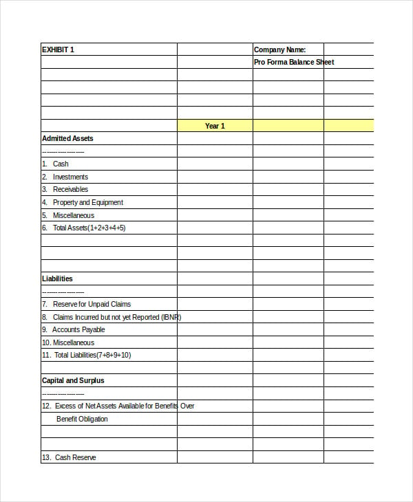 Pro Forma Balance Sheet Template
