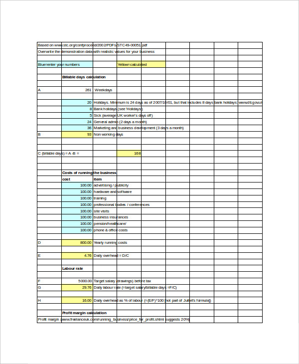 excel consultancy rate cost calculator template