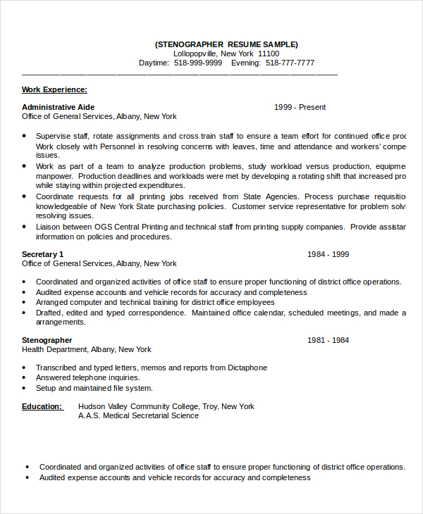 5+ Stenographer Resume Templates PDF, DOC