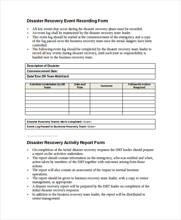 Business Disaster Recovery Plan Template Database