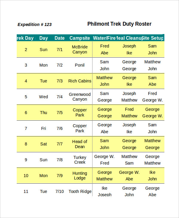 duty roster excel template