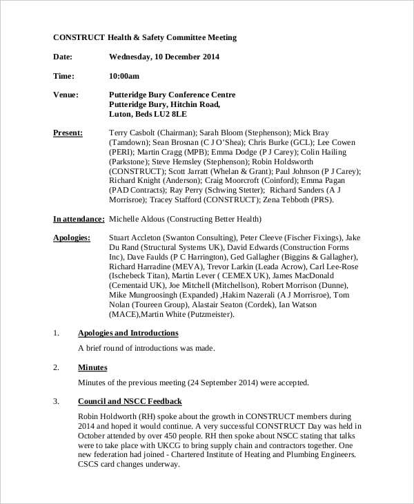construction safety meeting minutes template