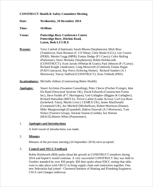 Safety Meeting Minutes Template 13 Free Word PDF Document Download