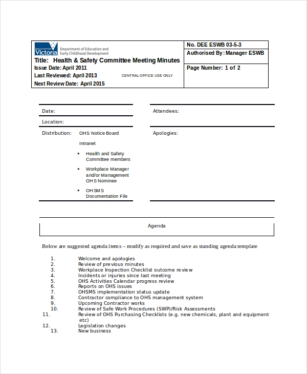 Safety Meeting Minutes Template 13  Free Word PDF Document Download