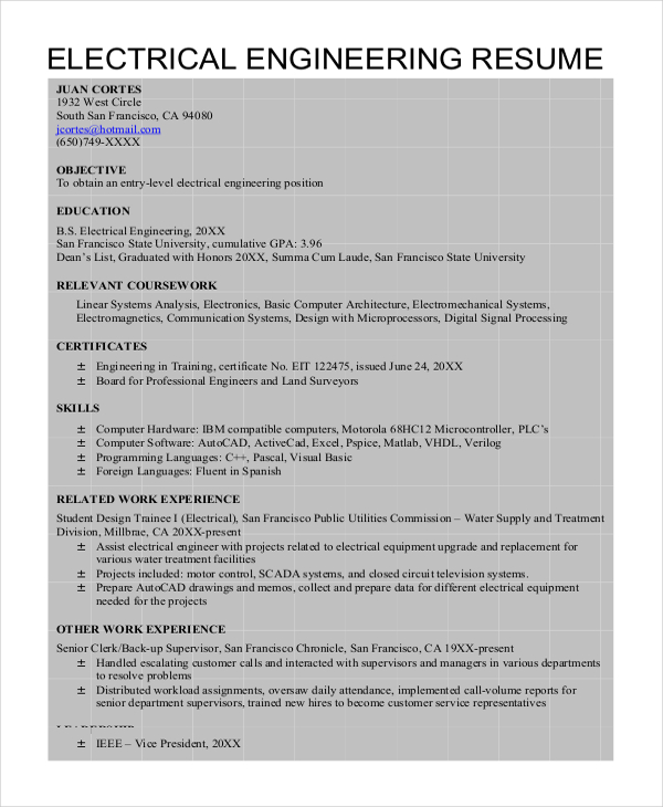 entry level electrical engineering resume