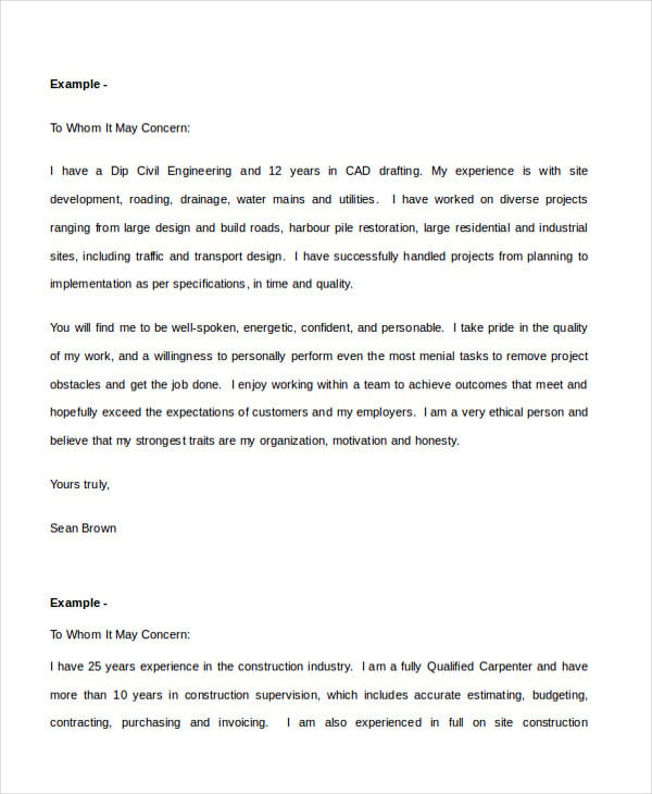 Whom it may concern cover letter