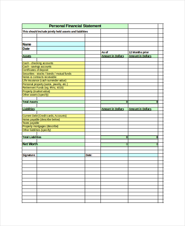 personal profit and loss statement template excel