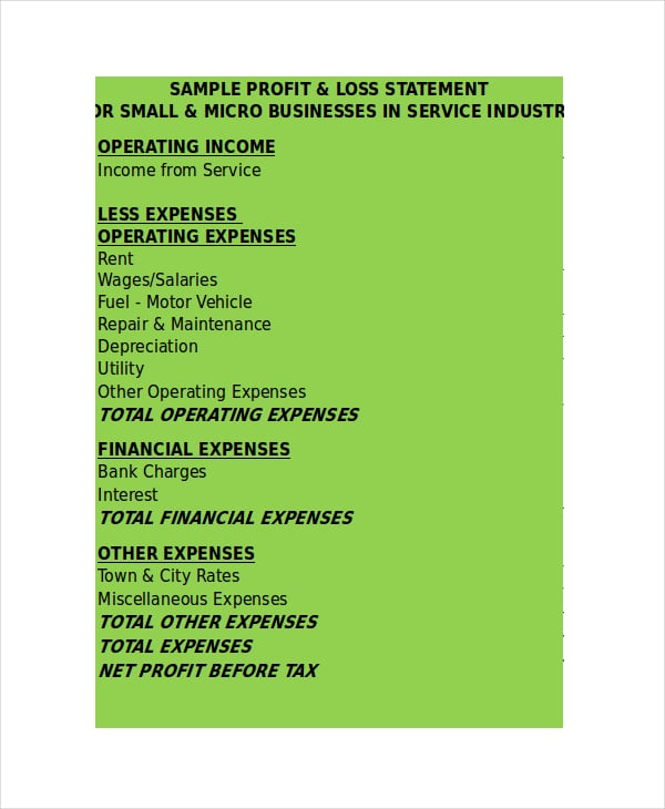 small business profit and loss template excel