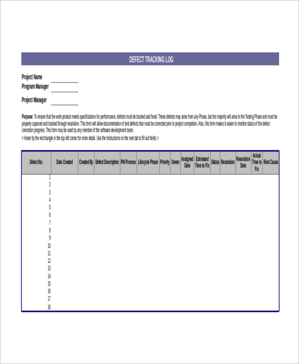 defects project tracker excel template