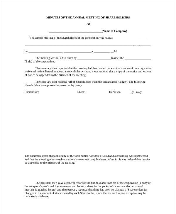 annual shareholder meeting minutes template