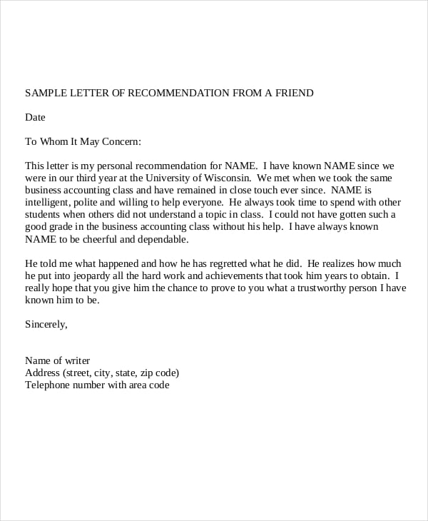 reference letter for a friend