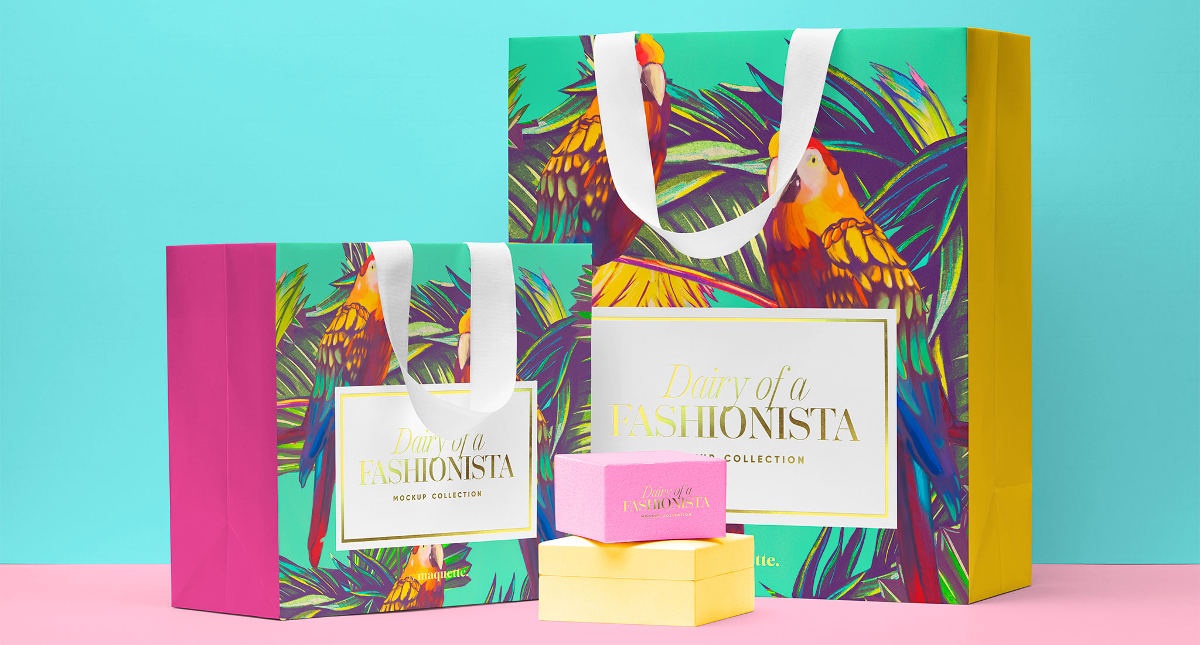 shopping bags with two boxes mockup