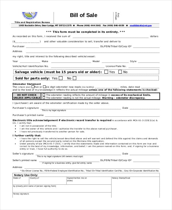 business bill of sale form