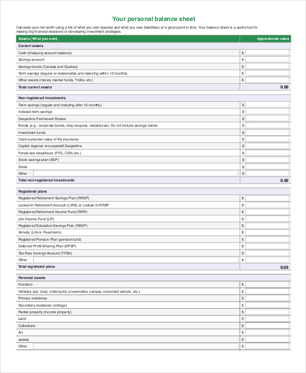 Personal Balance Sheet Template Forms Fillable Printable Samples For Pdf Word Pdffiller