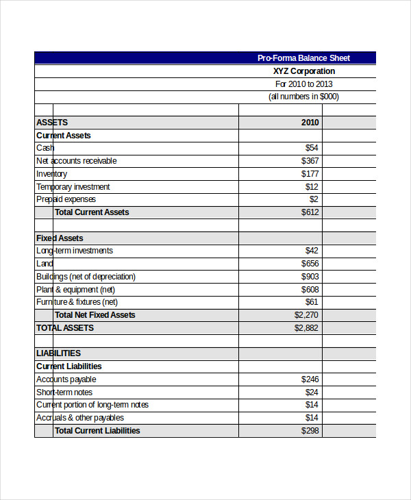 pro forma balance sheet template