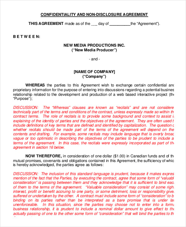 confidentiality non disclosure agreement sample