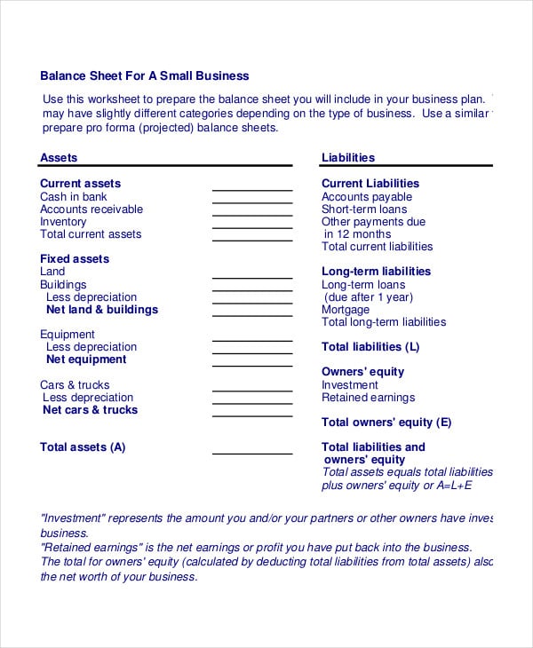 small business balance sheet template