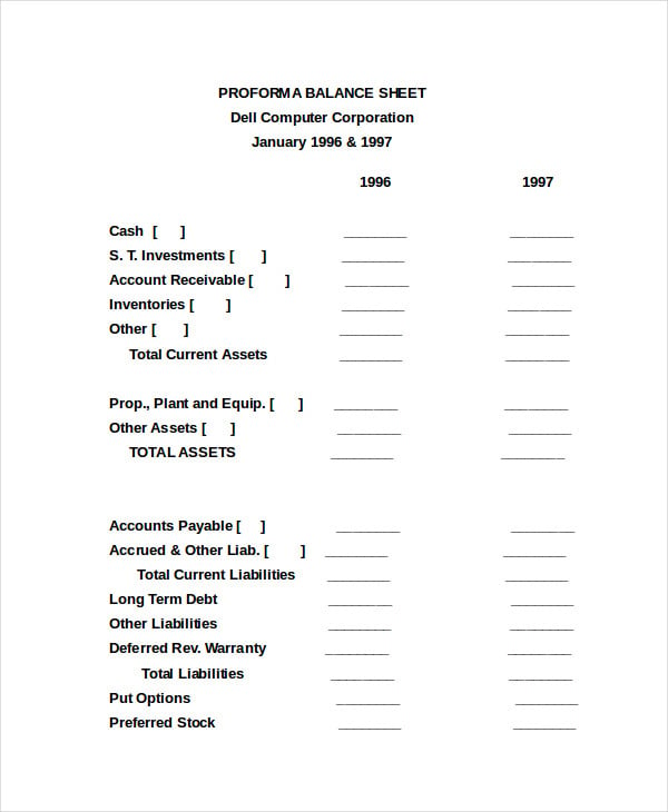 proforma balance sheet template