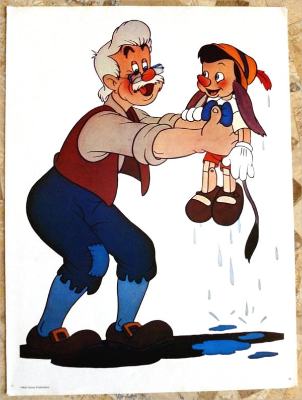 geppetto and pinocchio 1970s disney poster