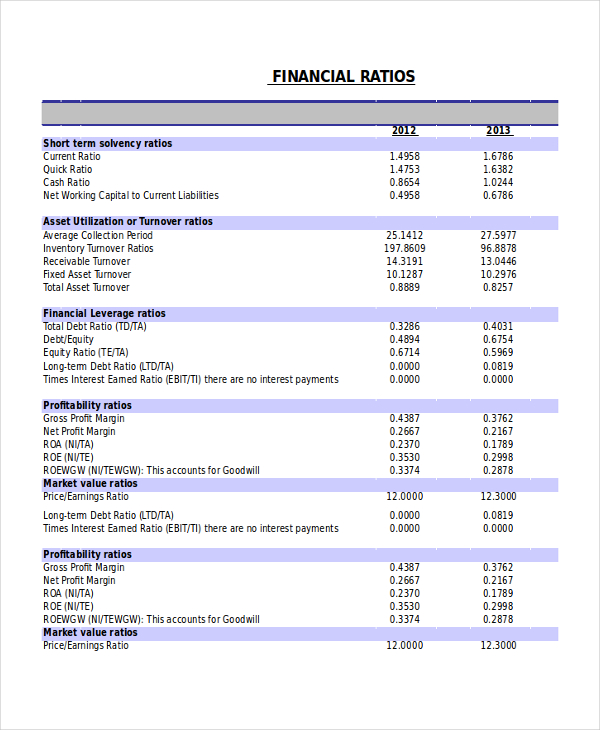 financial ratio analysis statement example