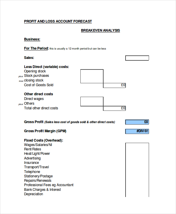 profit and loss forecast excel template