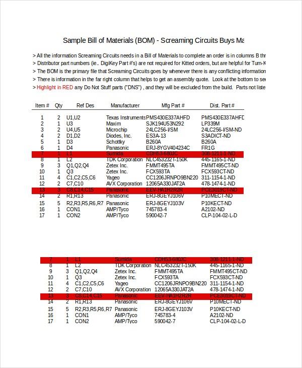 bill of materials excel template