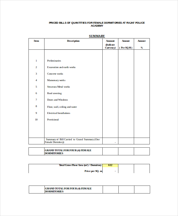 bill of quantities template excel