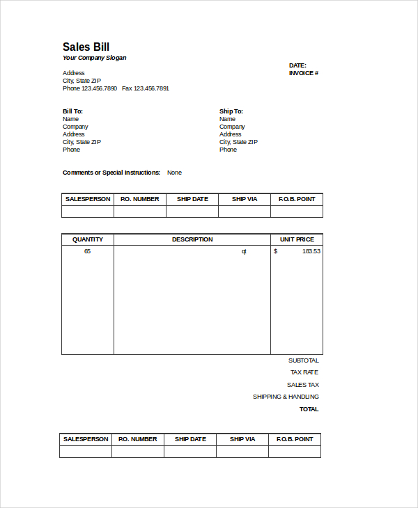 sales invoice excel bill template