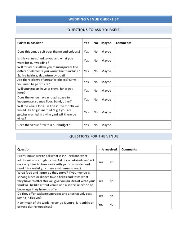 Wedding Venue Questions Checklist Printable - Free Printable Wedding